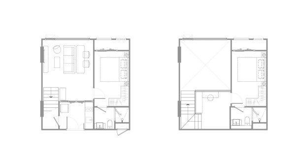 Duplex floor plan, 2 bedrooms in Chapter Charoenkrung – Riverside No. 11010 (2D)